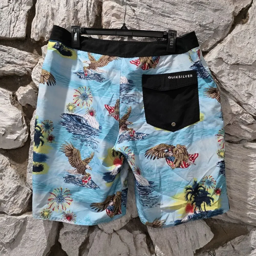 Quicksilver Swim Board Shorts Mens 34 American Flag July 4th USA Beer Eagle